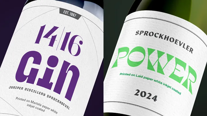 <p>Den vänstra flaskan visar en ginetikett tryckt på inkjetpapperet Martelé. Den högra är en  vinetikett tryckt på inkjetpapperet Laid White  som är ett 100? procent återvunnet papper.</p>
