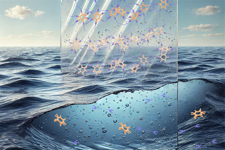 <p>Illustration av den nya plasten. Utanför havsvattnet ger korsbundna saltbryggor plasten dess struktur. I havsvatten löses dessa upp, vilket gör plasten vattenlöslig och biologiskt nedbrytbar.</p>
