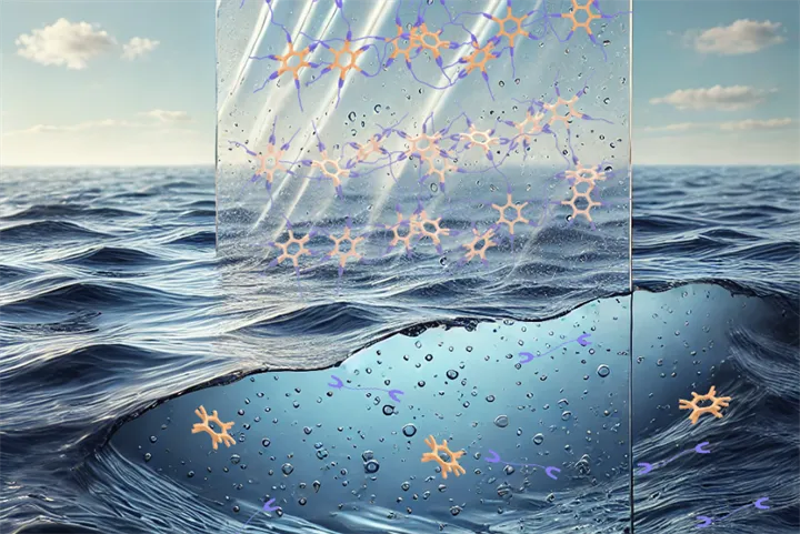 <p>Illustration av den nya plasten. Utanför havsvattnet ger korsbundna saltbryggor plasten dess struktur. I havsvatten löses dessa upp, vilket gör plasten vattenlöslig och biologiskt nedbrytbar.</p>

