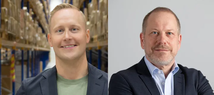 <p>Andreas Malmström till vänster ny vd för Jobman Texet och avgående vd Joakim Rothschild till höger.</p>
