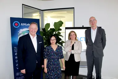 <p>Günther Weymans, All4Labels COO, Chen Yan, All4Labels Head of Global Operation Technology, Paloma Alonso, All4Labels CEO, Thorsten Kröller, President Division Actega.</p>
