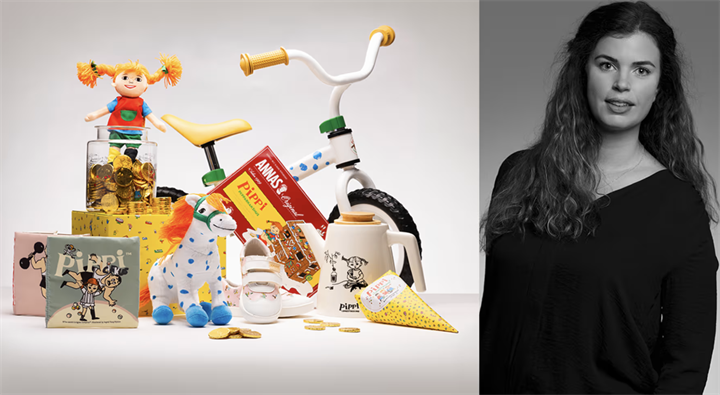 <p>På bilden syns produkter från Astrid Lindgrens värld samt Linnea Westerlund som leder den nya satsningen.</p>
