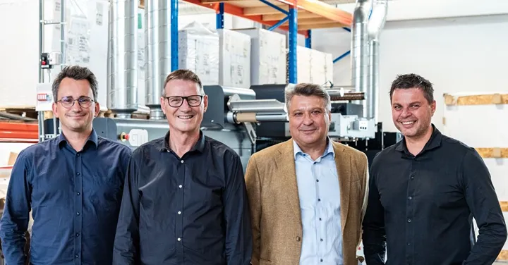 <p>Fyra partners i Buchs Labels A/S: Thomas Hedegaard Søby, styrelseordförande.<br />
Svend Erik Pedersen, säljchef. René Thorsen Bonde, säljchef. Henrik Olesen, vd</p>
