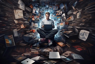 <p>AI genererar en enorm mängd text och bilder. PROMT: ”text, images, movies and AI with a mix of magazines, t-shirts and pens”</p>
