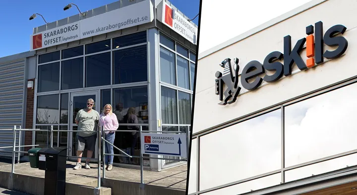 <p>Stefan Johansson och Veronica Larsson på Skaraborgs Tryckeri som nu blir en del av Eskils.</p>
