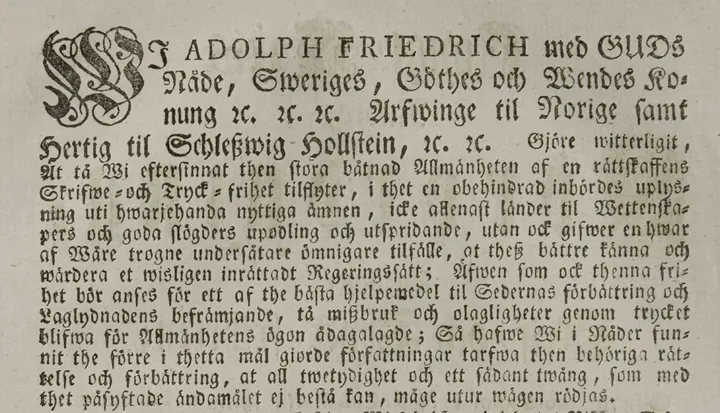 <p>Svenska Tryckfrihetsförordningen 1766.</p>
