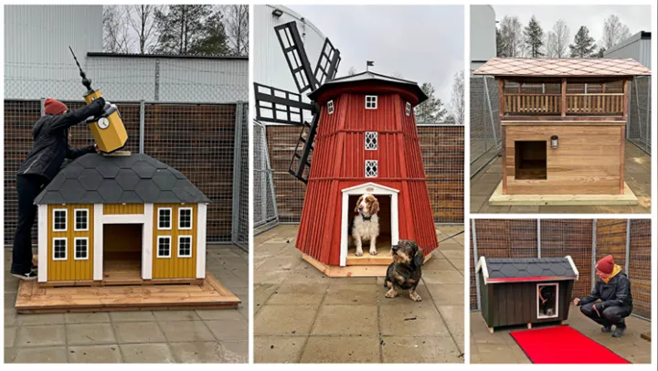 <p>Fyra unika hundkojor byggda av Blåkläders ambassadörer till den nya hundrastgården på huvudkontoret.</p>
