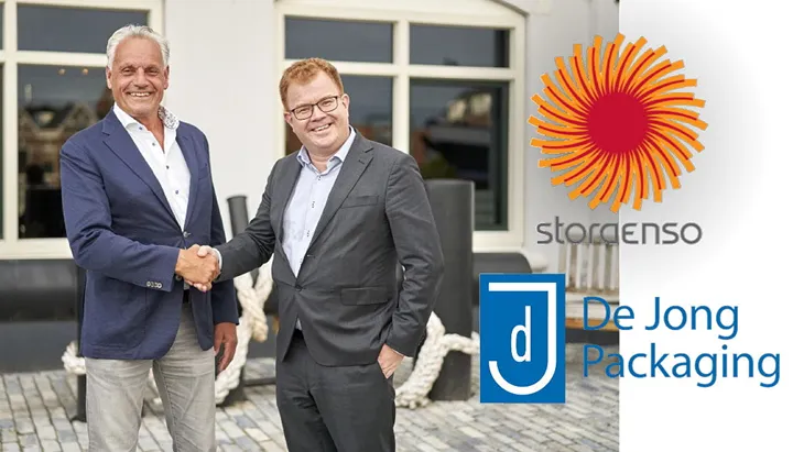 <p>Henk de Jong, ägare till De Jong Packaging tar i hand med David Ekberg, EVP Packaging Solutions division på Stora Enso.</p>

