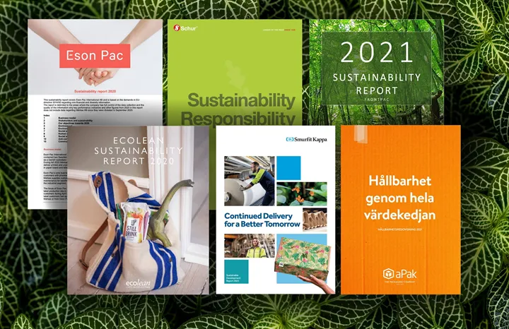 <p>Omslag till hållbarhetsrapporter från sex företag i förpackningsbranschen.</p>
