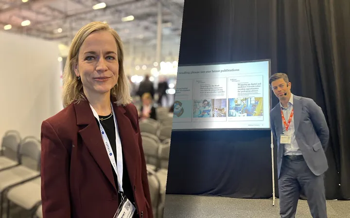 <p>Eva Glückman, vd på Grafiska Företagen och Oskar Lingqvist på Mckinsey var båda föredragshållare på mässan.</p>
