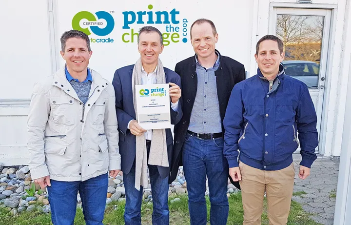 <p>Här är alla grundarna av Print the Change. Markus Vögeli (Vögeli, Schweiz), Ernst Gugler (Gugler, Østrig), Kasper Larsen (KLS PurePrint, Danmark) och Renato Vögeli (Vögeli, Schweiz).</p>
