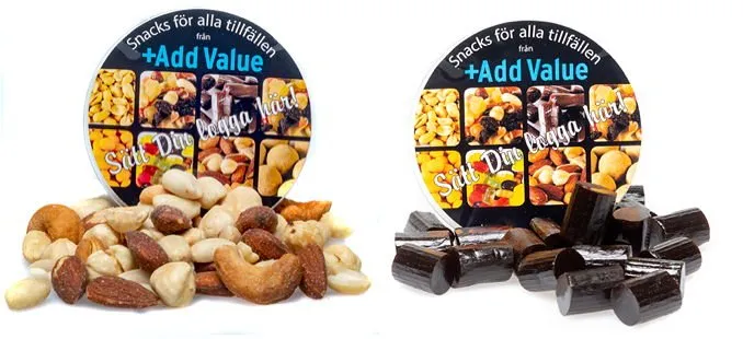 <p>Add Value gör nu en satsning på snacks. Sju olika typer av nötter och godis på burk.</p>
