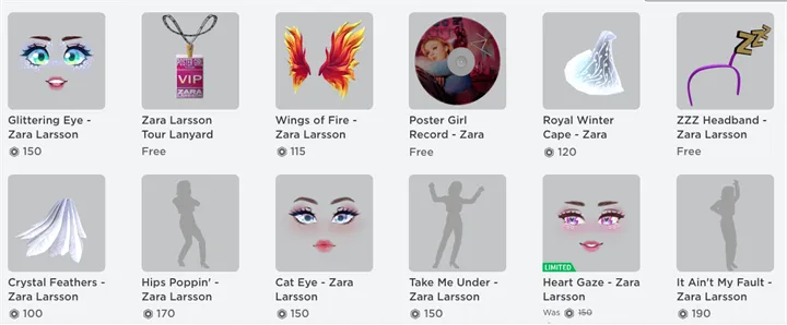 <p>Här är några av de digitala prylarna som Zara Larssons fans kan köpa i spelet Roblox och som blev en gigantisk payday för stjärnan.</p>
