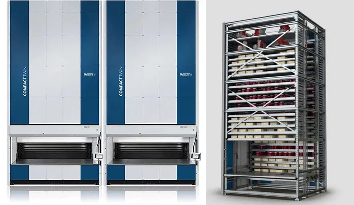 <p>De två robothissarna plockar snabbt fram rätt hylla med den produkt som ska plockas.</p>
