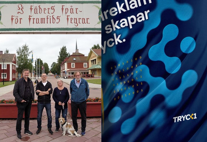<p>Håkan Johansson på Bokstaven tillsammans med Mathias, Helene och Per Hofvander på Trycket i Mora.</p>
