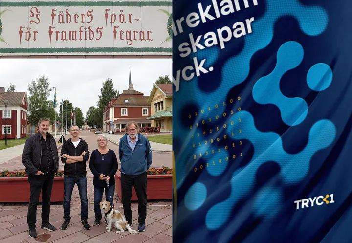 <p>Håkan Johansson på Bokstaven tillsammans med Mathias, Helene och Per Hofvander på Trycket i Mora.</p>
