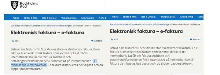 <p>Före- och efterbild av Stockholms Stads kommunikation kring e-faktura.</p>
