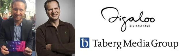 <p>TMG förvärvar Digaloo. Jannes Dahlgren delägare och vd för Digaloo och Magnus Claesson, koncernchef Taberg Media (Bilder: Branschkoll och TMG)</p>
